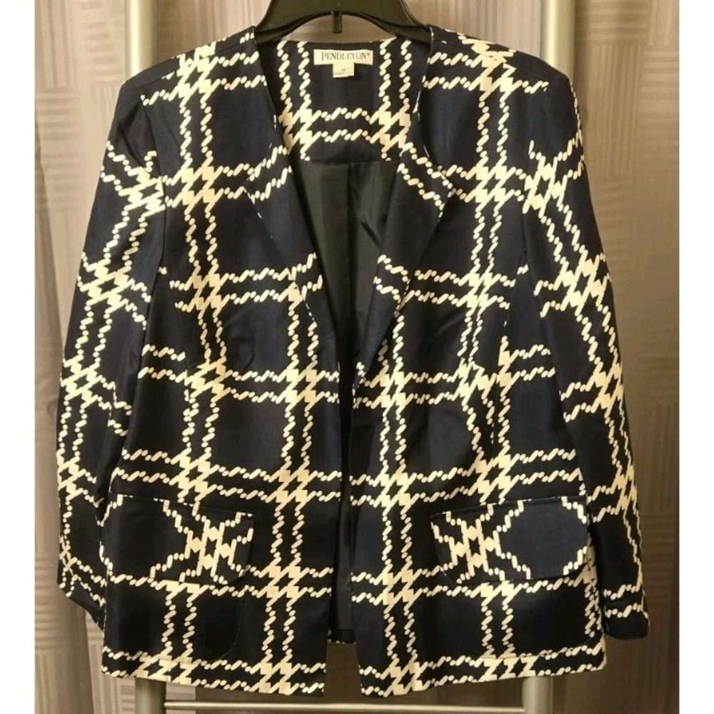 Pendleton Silk Navy Geometric Diamond Open Front Blazer Jacket Size 12 - Picture 1 of 8